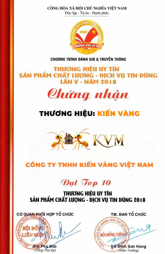 Chứng nhận Top 10 Thương hiệu uy tín – Sản phẩm chất lượng, Dịch vụ tin dùng năm 2018 của Công ty TNHH Kiến Vàng Việt Nam.