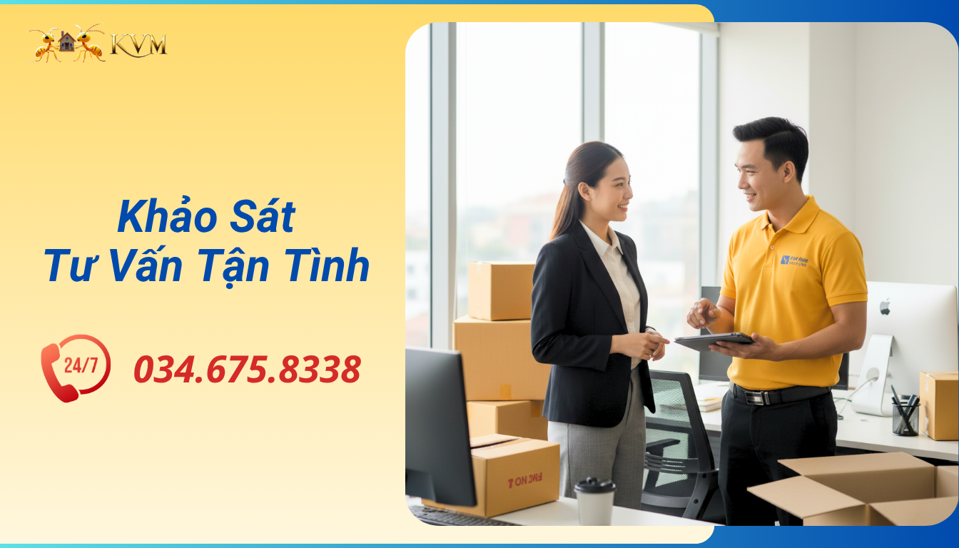 Nhân viên của dịch vụ chuyển văn phòng trọn gói Kiến Vàng sẽ khảo sát miễn phí và tư vấn tận tình cho quý khách hàng.